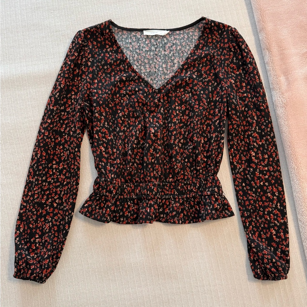 Lush Black and Red Floral V-Neck Blouse